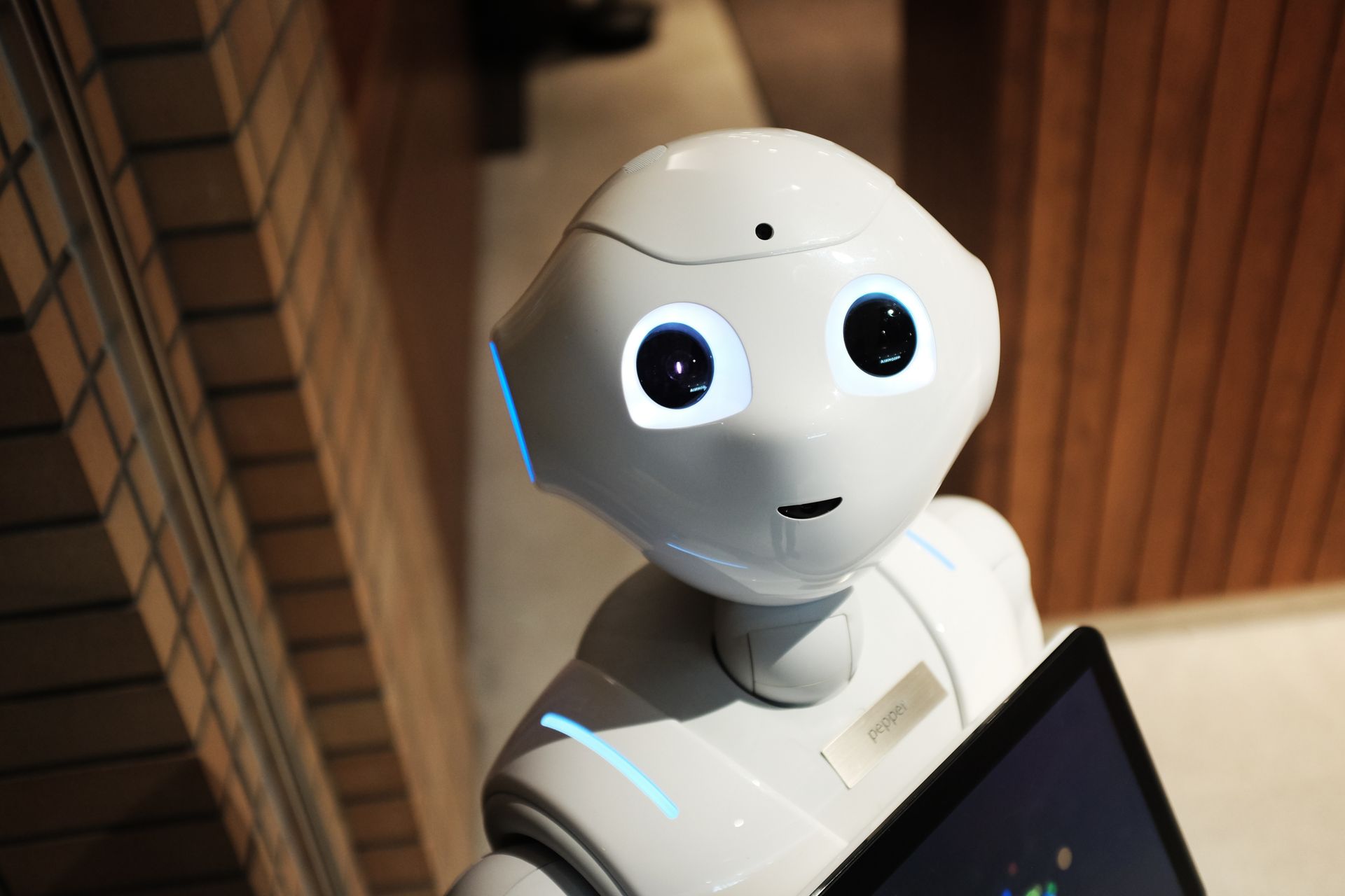 White Pepper humanoid robot with glowing blue accents standing in an indoor setting with brick walls