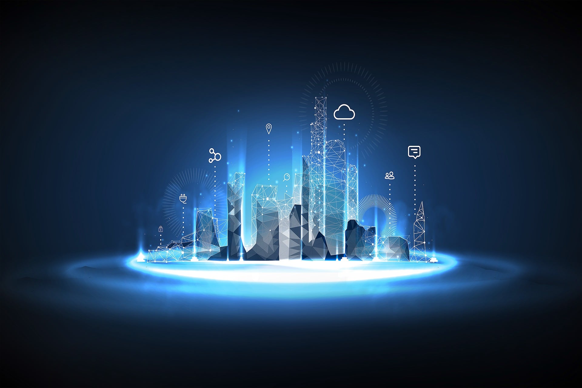 Glowing blue digital smart city skyline with wireframe buildings and floating network icons on dark background
